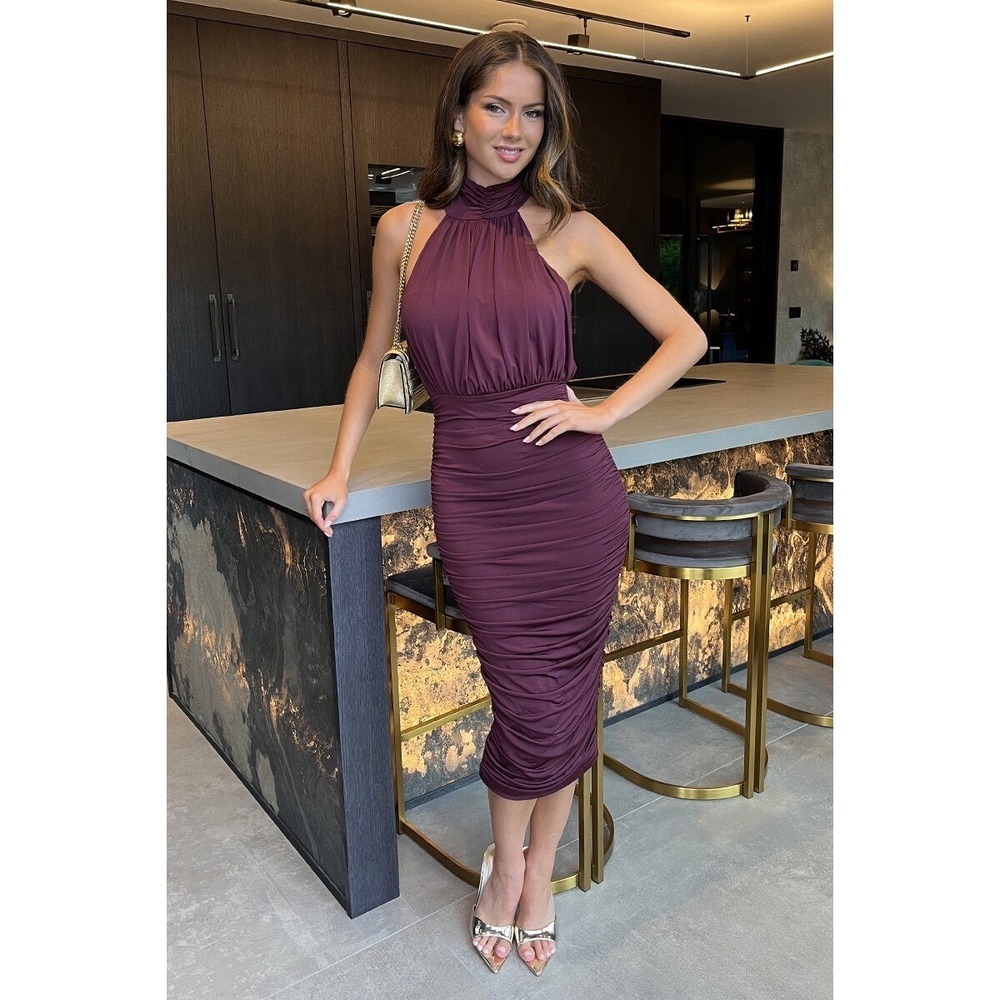 AX Paris Plum Purple Ruched Halter Neck Midi Bodycon Dress NWT US 14